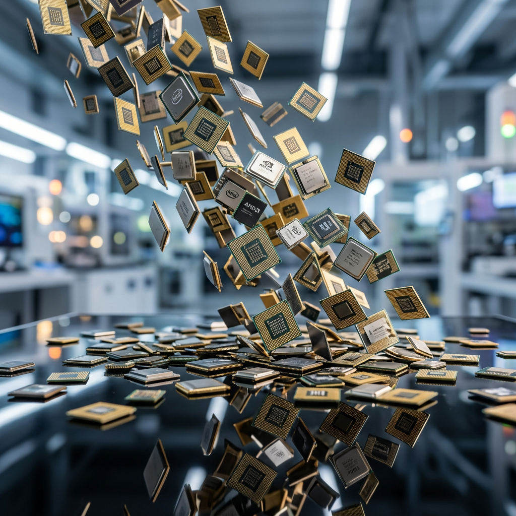 Multiple microchips suspended above a reflective table in an electronics laboratory
